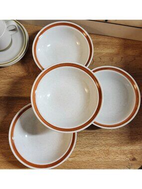 4- Stoneware Vintage 6.75" Bowls Norwell Japan Neutral Retro 70s 80s
